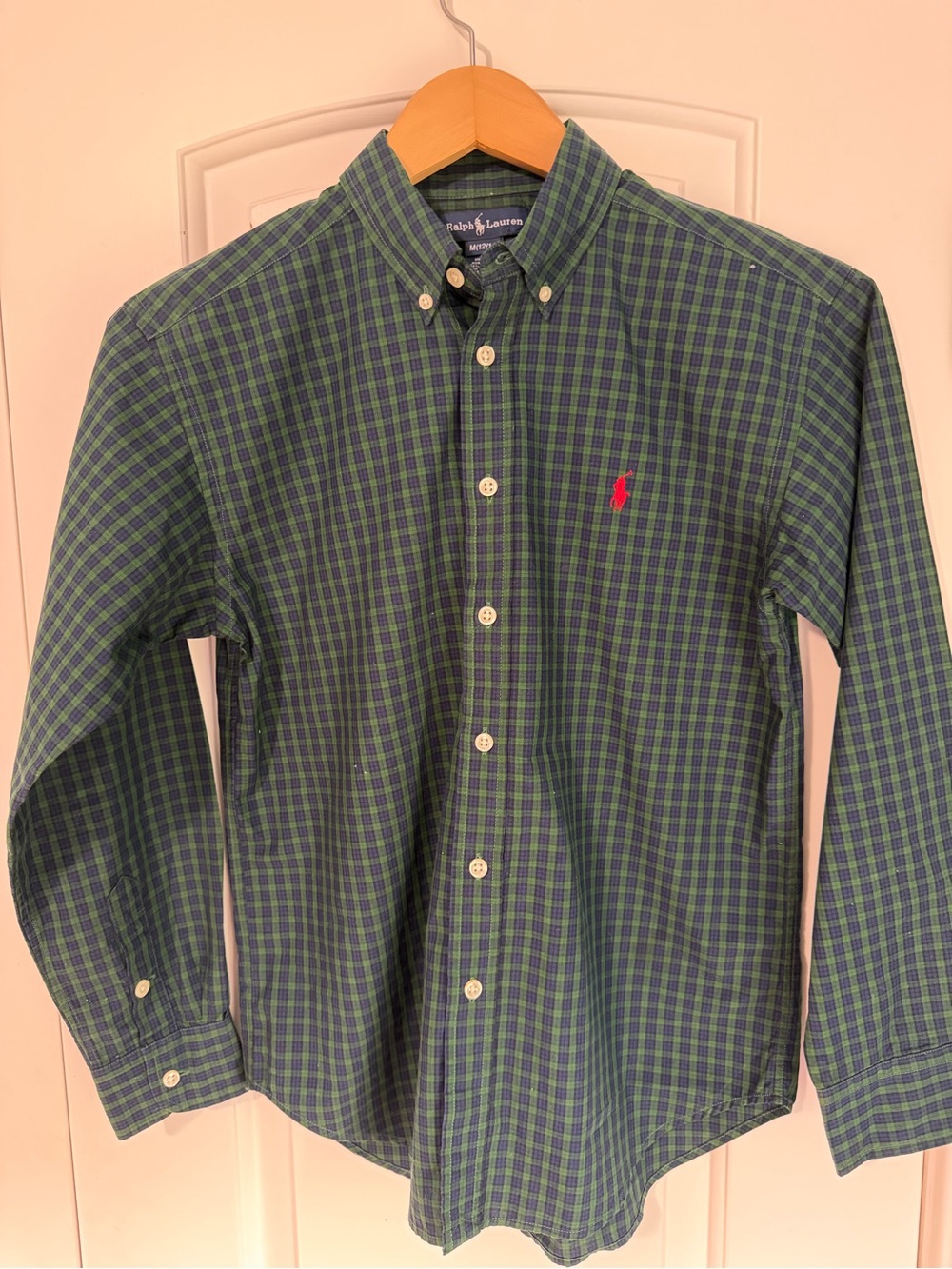 Ralph Lauren Green & Navy Plaid Button-Down Shirt with Red Polo Logo Boys Medium